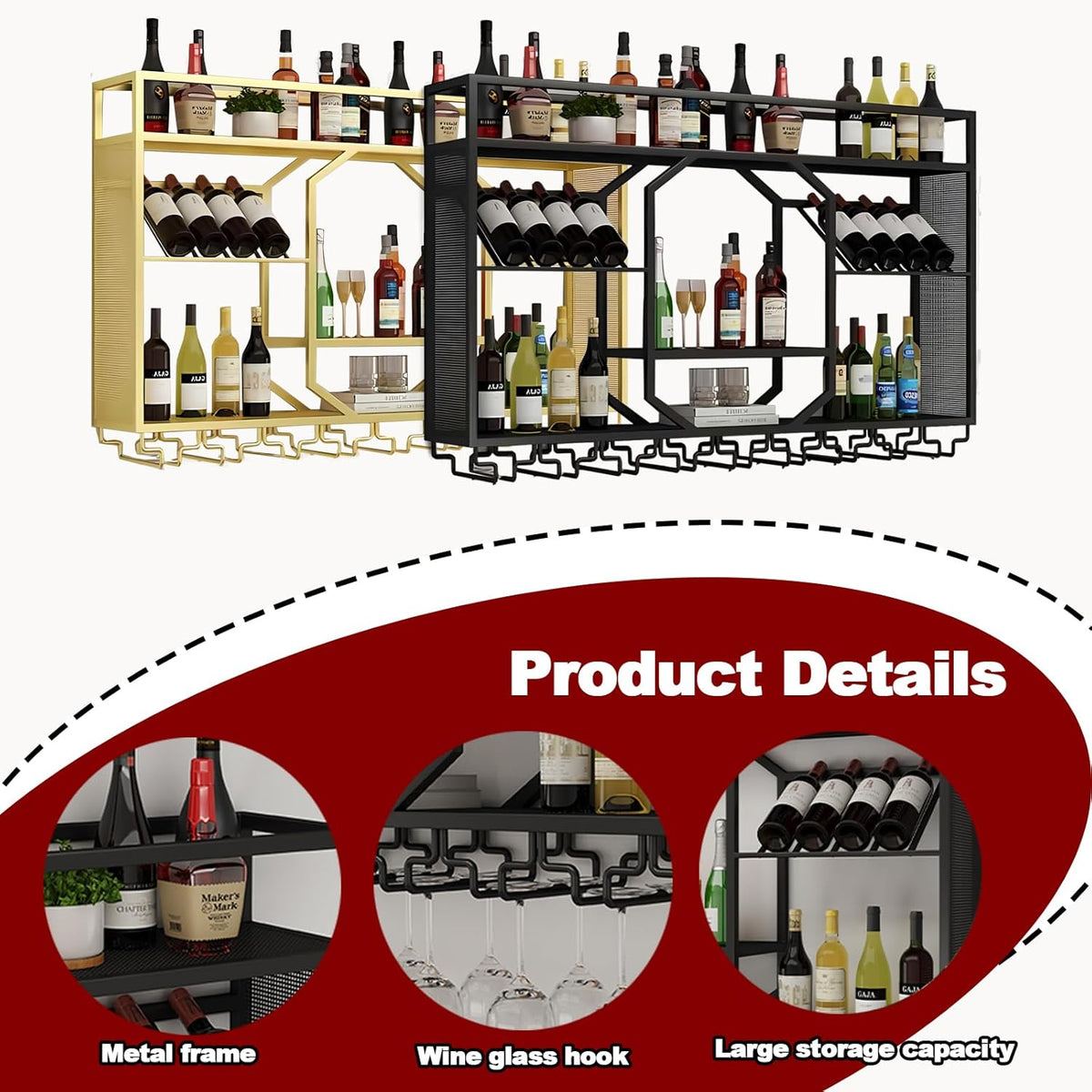 Wall Mounted Wine Rack, 3-Tiers Metal Bar Bottle Holder, Modern Wine Glass Storage Display Shelves, Wall Wine Rack for Kitchen Bar Dining Rooms Decoration ﻿(Black, 47.24in/120cm)