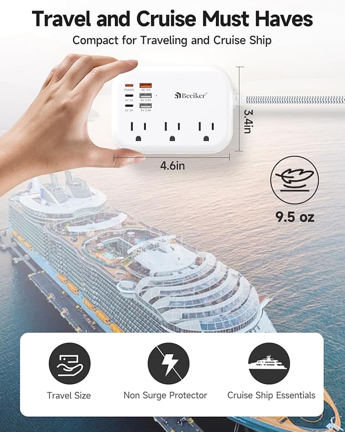 PD45W USB C Travel Power Strip, Cruise Power Strip with 6 USB(3 USB C) Ports and 3 Outlets, 5Ft Flat Plug Braided Extension Cord, 45W Fast Charging Station for MacBook Laptops iPad Pro iPhone Samsung