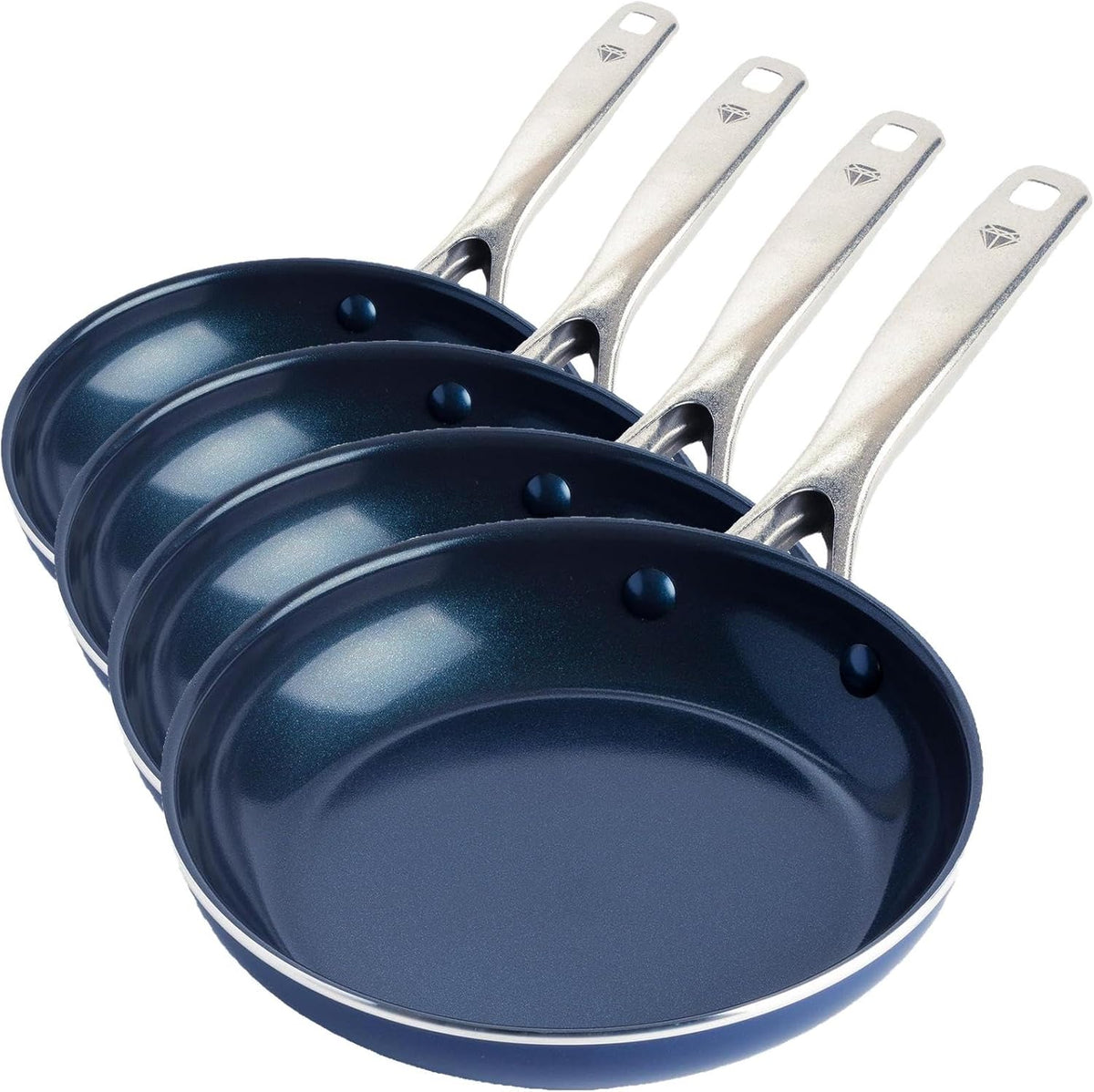 Blue Diamond Frying Pan 8” Skillet, Diamond Infused Healthy Ceramic Nonstick, PFAS and PFOA-Free, Dishwasher and Oven Safe, Even Heating, Metal Utensil Safe, Warp Control Base, Blue (Pack of 4)