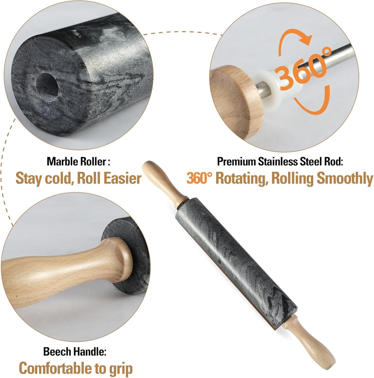 African Natural Marble Rolling Pin, Non-Stick Polished Dough Roller, Pasta, Dumpling, Fondant, Pie Crust, Bread, Pizza Dough, Kitchen Baking Pastry Tools with Mat/Scraper(Monte Grigio)