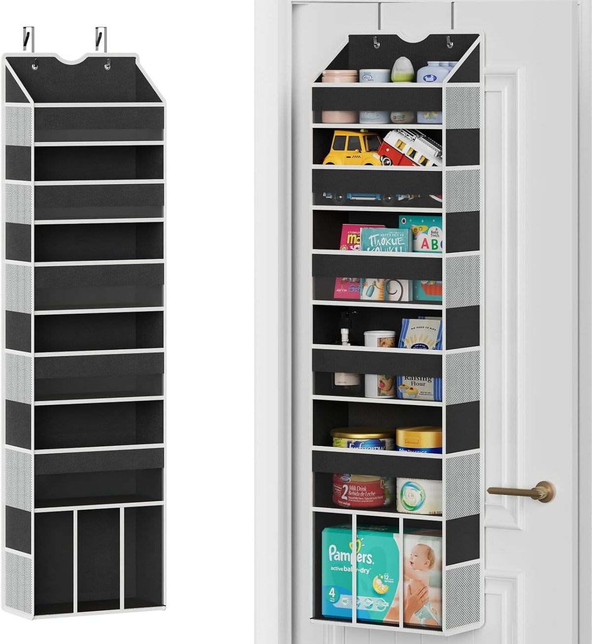 Over The Door Organizer Hanging - 6 Shelf Over Door Organizer with 6 Clear Front & 12 Side Pockets - 50LB Load Behind Storage for Closet Bedroom Bathroom Nursery Baby Essentials(Black)