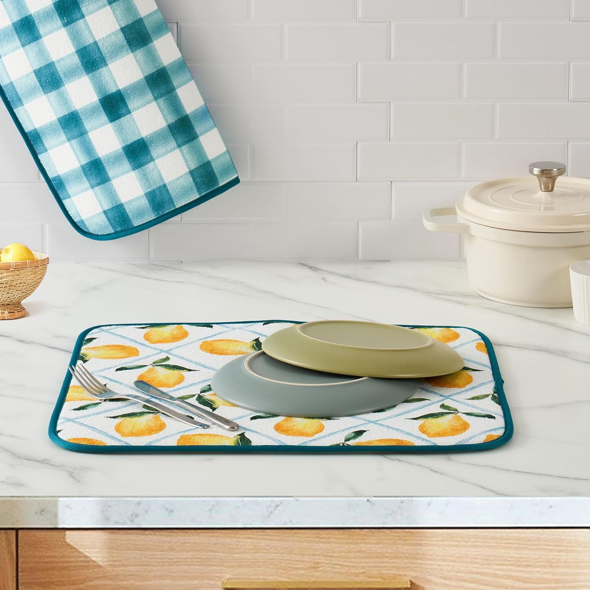 FRESHMINT Printed Dish Drying Mat for Kitchen Counter 2 Pack Absorbent Reversible Drying Mats Microfiber Kitchen Drying Mat, Extra Large Dishes Drainer Mats (18"x16", Lemon)