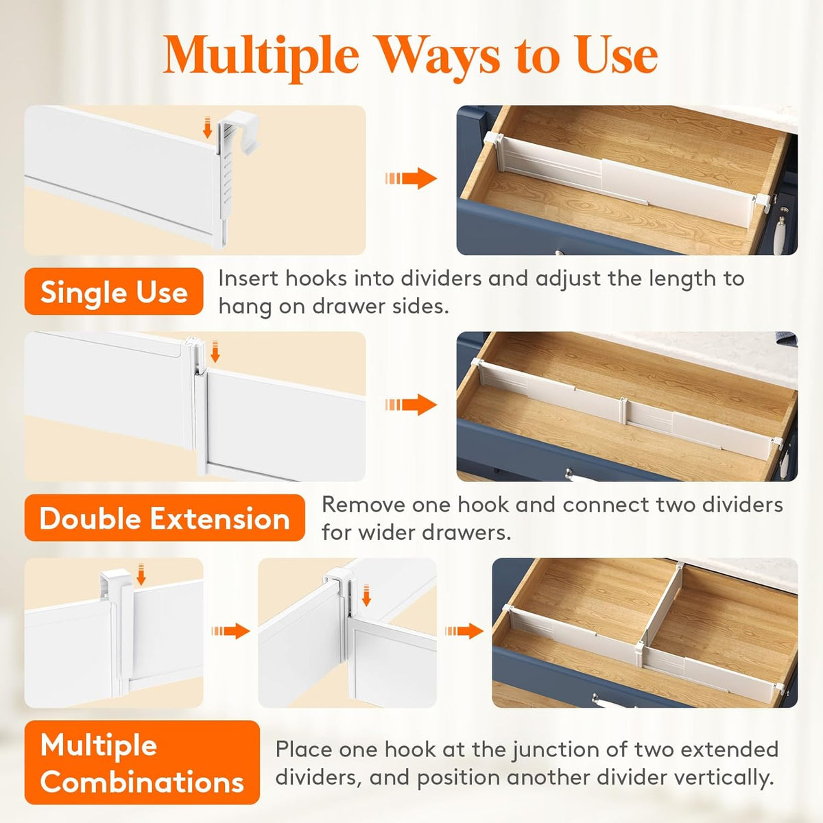 Lifewit Hanging Kitchen Drawer Dividers 3.1" High, 10-17" Adjustable Drawer Organizers for Utensils, Expandable Dresser Separators in Kitchen/Bedroom/Bathroom/Vanity/Office, White(4 Pack)