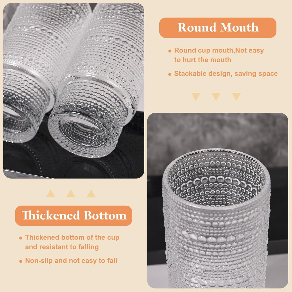16OZ Glass Tumbler with Straw and Lid,Glass Cups with Lids and Straws,Ribbed Iced Coffee Cups Vintage Embossed Glassware for Juice Whiskey Cocktail Beer(4Pack)