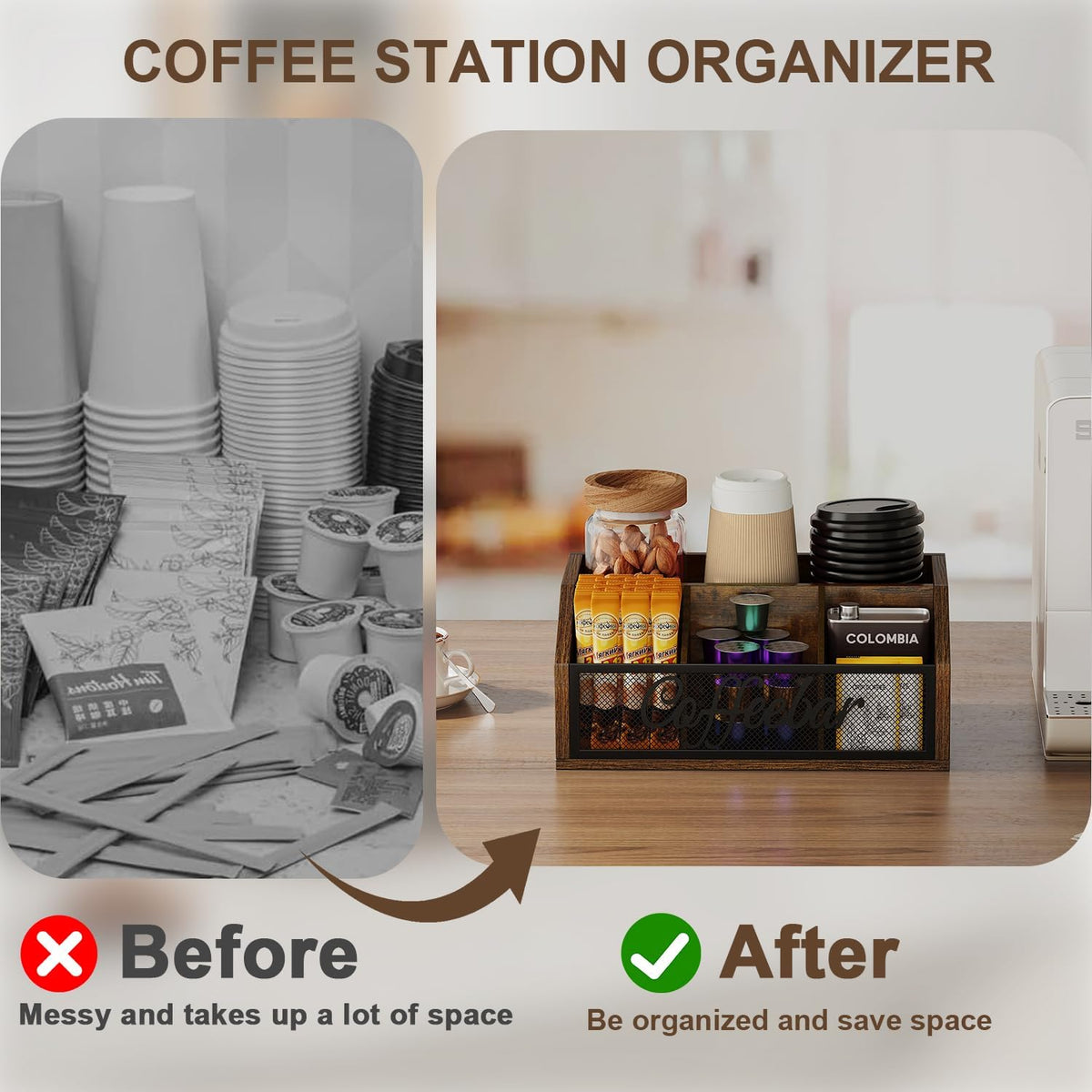 YINMIT Coffee Station Organizer for Countertop, Wood Coffee Bar Organizer with Removable Dividers for Pods, Syrup, Cups, Stirrer, Tea - Office Coffee Bar Accessories