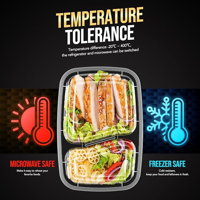 Glotoch 50 Pack 32oz 2 Compartment Meal Prep Container Microwave Safe, Food Prep Containers With Lids For Lunch/Deli/Takeout/Leftover, BPA-Free Freezer & Dishwasher Safe, Black
