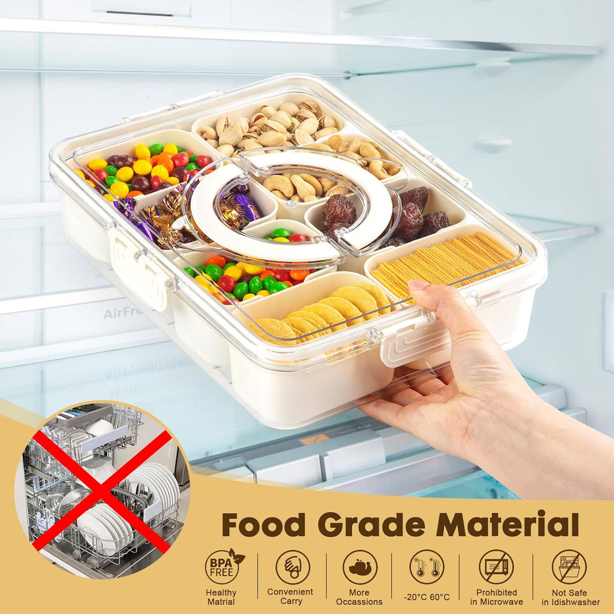 Snack Box Container,Divided Serving Tray with Lid and Handle, Snackle box Charcuterie for Portable Snack Platters - Clear Organizer for Candy,Fruits,Nuts,Snacks-for Party,Entertaining,Picnic