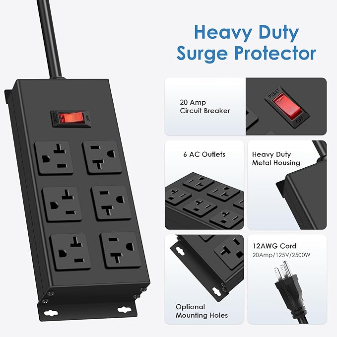 JUNNUJ Heavy Duty 20 Amp Power Strip, Garage 6 Outlets Metal 12 Gauge Surge Protector 3000J, High Amp 5-15P Adapter Shop 6-20R T-Slot Industrial (6AC, 4FT)