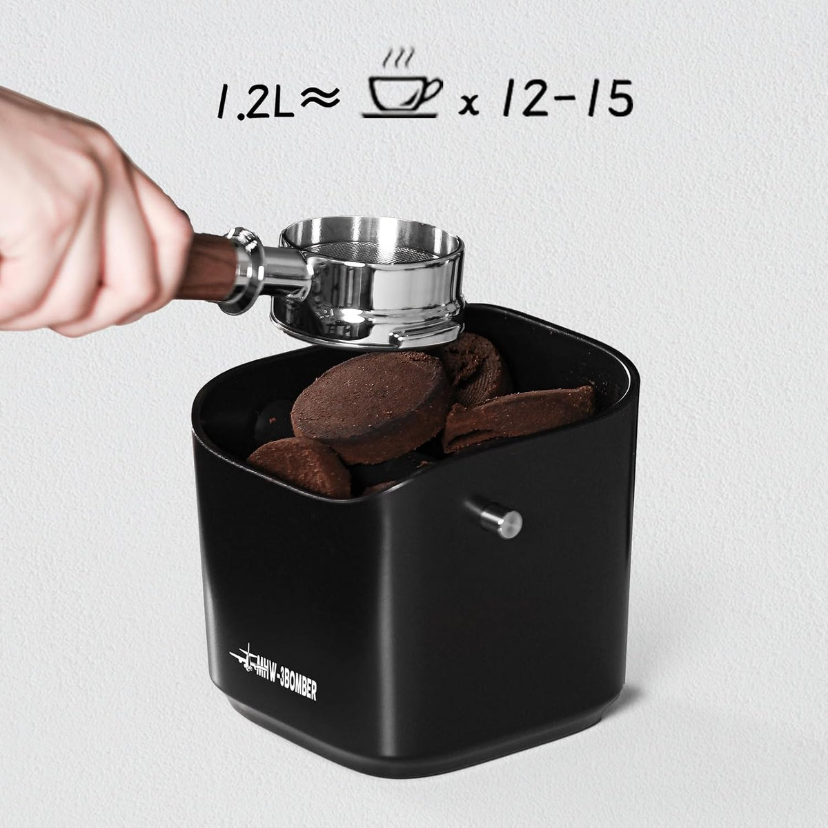 MHW-3BOMBER Espresso Knock Box, 1.2L(15 Cups) Coffee Knock Box with Coffee Clean Brush and Removable Knock Bar for Espresso Puck, Coffee Ground, Durable Espresso Accessories, Black, CS7090-OS