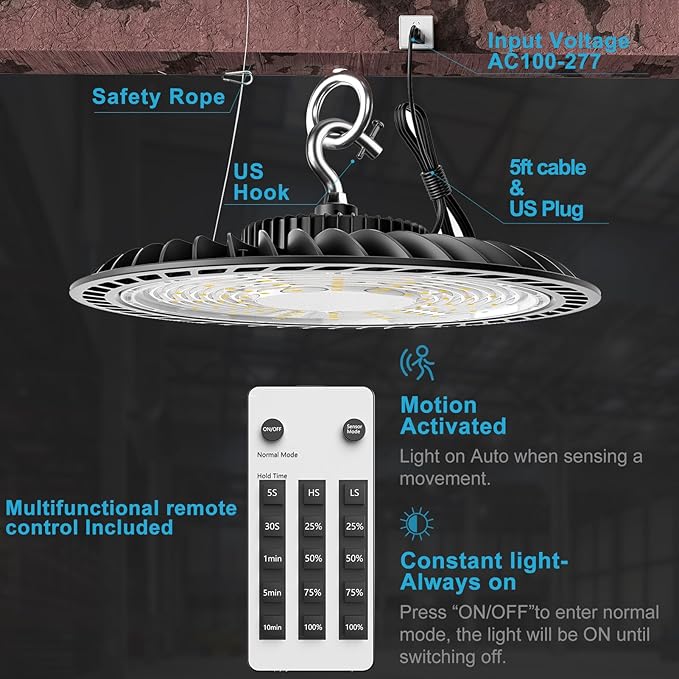 Lightdot Smart 250W High Bay LED Shop Lights 37,500LM High Bay Lights with Controller (Normal Mode & Motion Sensor Mode) ETL-Listed Plug & Play for 30-40FT Height Warehouse-6Pack 6Yrs Warranty