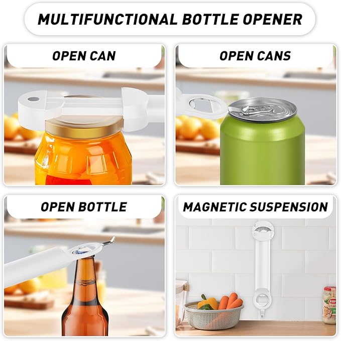 Jar Opener Bottle Opener for Seniors with Arthritis, Multi Retractable Magnetic Can Opener, Jar Grippers for Opening Jars, Kitchen Gadgets for Weak Hands and Senior Arthritis (White)