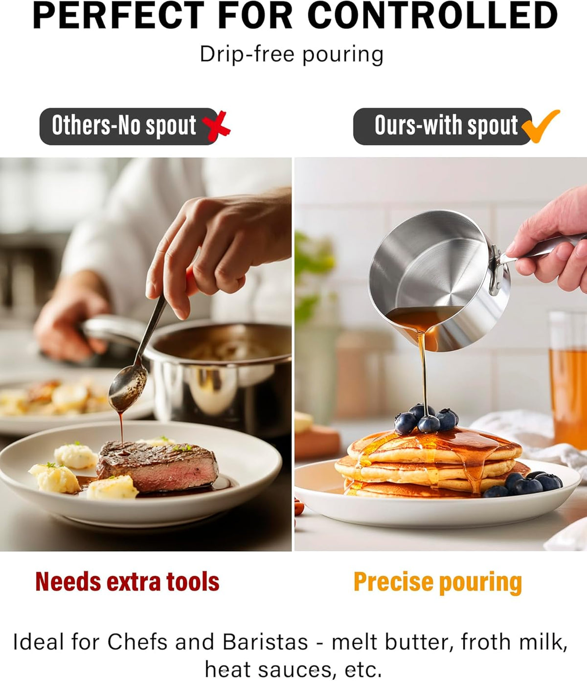 Cooks Standard Stainless Steel Butter Warmer 0.46 QT, Multi-Ply Clad Small Sauce Pan, 440ml Mini Butter Chocolate Milk Melting Pot with Pour Spout Cooking Pot ideal for Chefs, Baristas