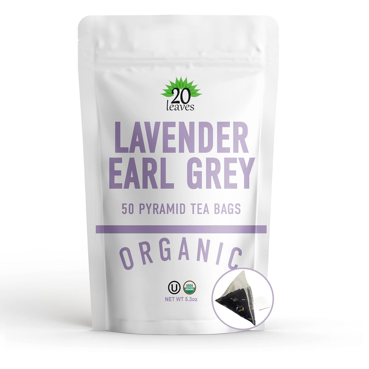 Lavender Earl Grey Black Tea - 100% Certified Organic - 50 Pyramid Tea Bags Sachets in a Resealable Bag