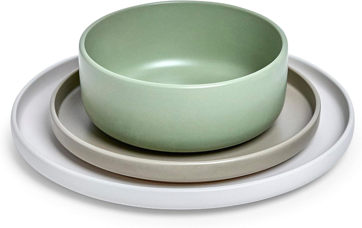Sango Rollo Alta 12-Piece Modern Stoneware Dinnerware Set- Sage/Sand/White, Includes Dinner & Salad Plates, Cereal Bowls, Microwave & Dishwasher Safe, Highly Chip and Crack Resistant, Service for 4