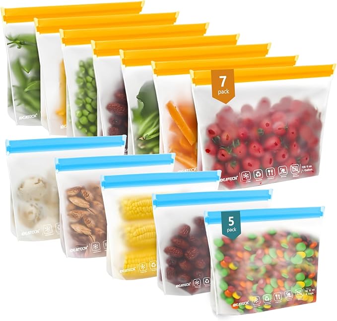 IDEATECH 12Pack Reusable Food Storage Bags Dishwasher Safe,Leakproof Gallon Freezer Bags, BPA Free Quart Sandwich Size Silicone Reusable Baggies for Marinate Meats,Travel(7Gallon 5Quart, Colored)