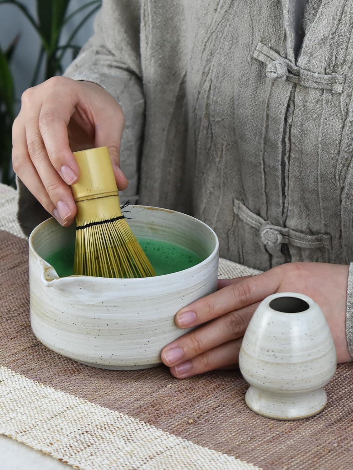 Artcome Matcha Bowl Set with Spout – Handmade Ceramic Chawan, Bamboo Whisk, Whisk Holder, Tea Scoop, and Matcha Manual – Japanese Tea Ceremony Set