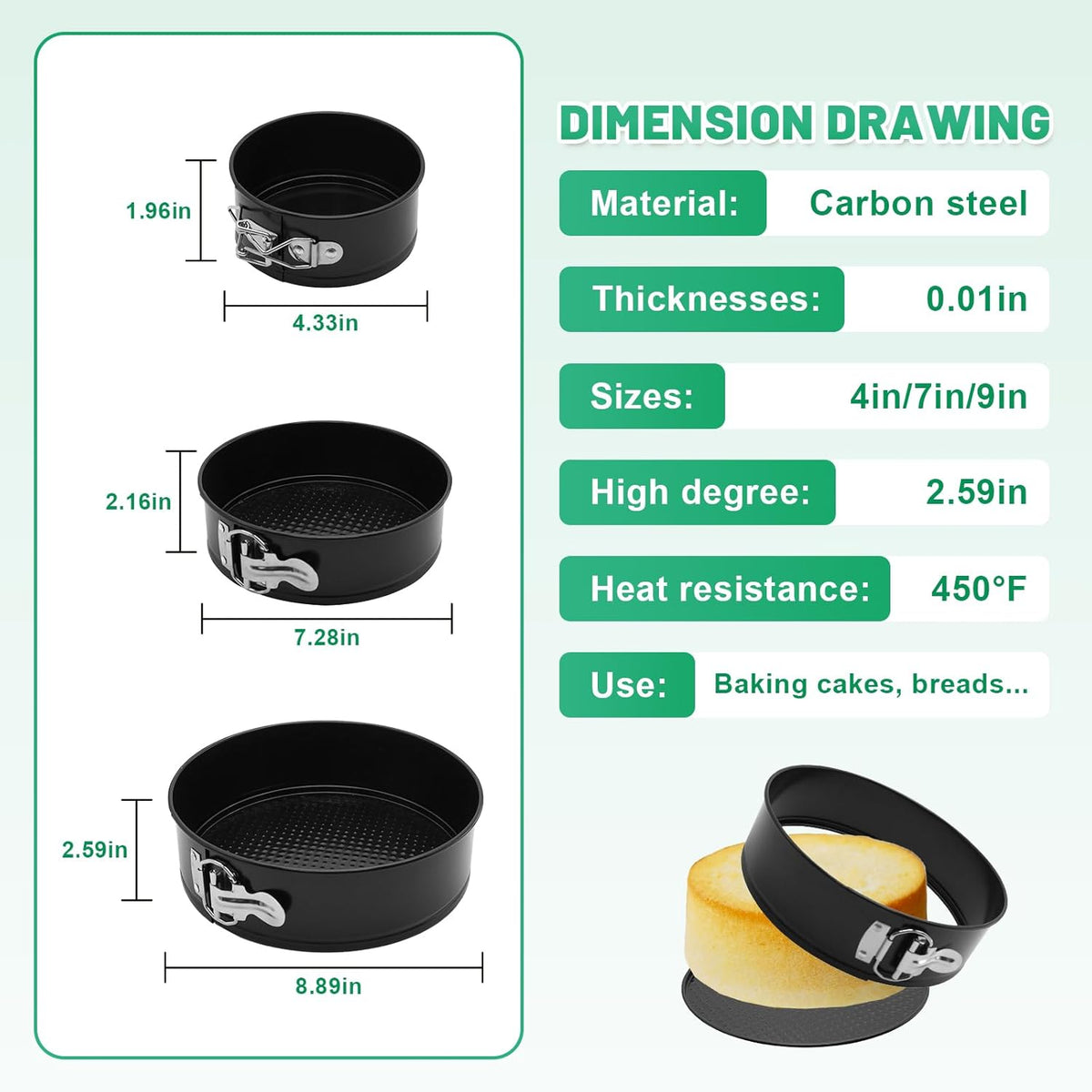 Springform Cake Pan Set,Non-Stick Springform Pans Set of 3 (4, 7, 9 inches),Leak-Proof Round Cake Pans with Removable Bottom for Baking Cake Pie Pizza and Quiches (Black3)