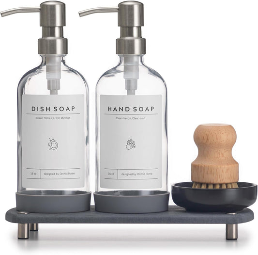 [Luxury] Kitchen Soap Dispenser Set - 16OZ Clear Glass Bottle, Stainless Steel Pump, Instant Dry Tray, Waterproof Labels, Non-Slip Silicone Pad, and Dish Brush | Upgrade for Your Kitchen and Bathroom
