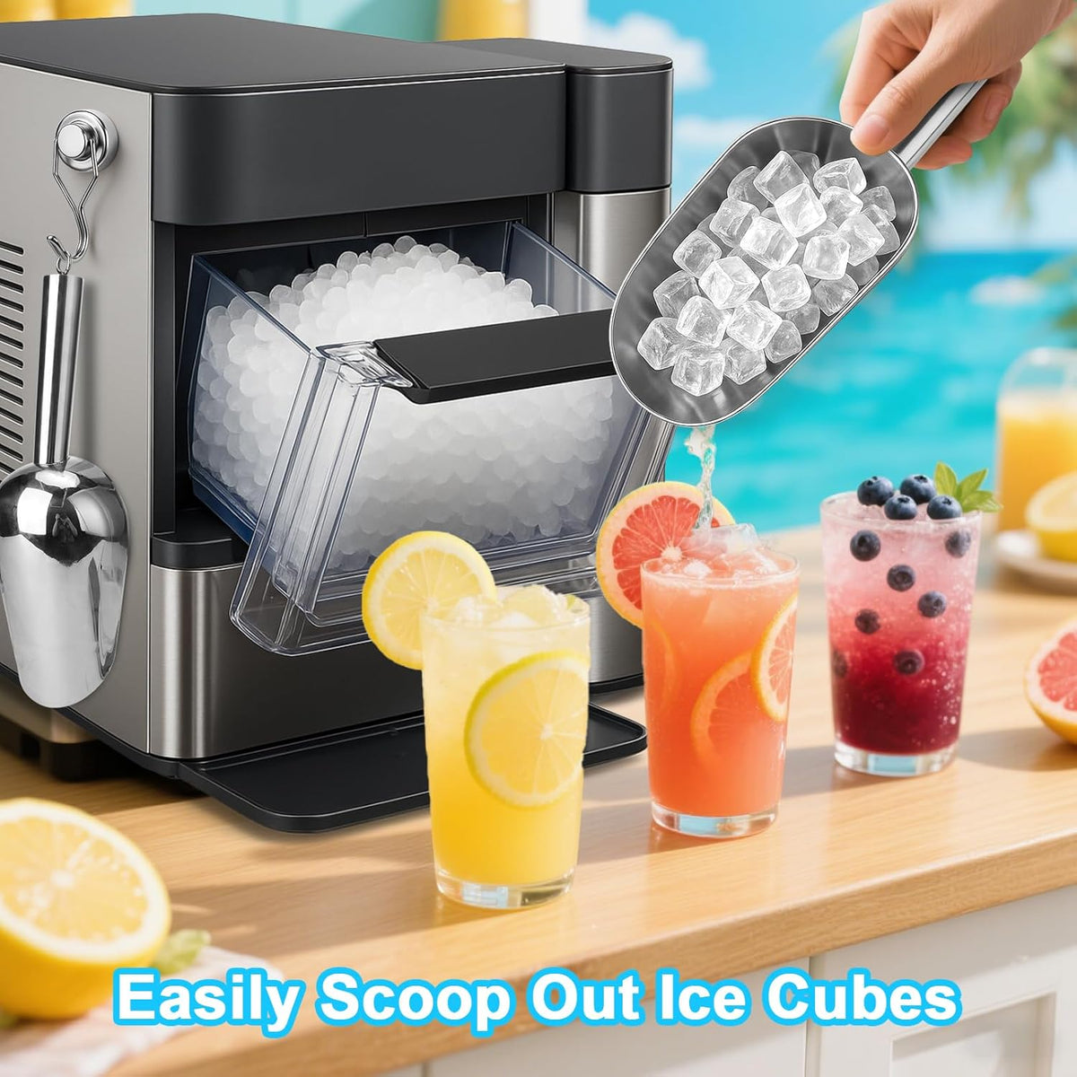 Stainless Steel Ice Scoop for Freezer with Magnetic Hook - Ice Scoop for GE Profile Opal 2.0 Nugget Ice Maker, for Kitchen Ice Bucket Bar Party Accessories