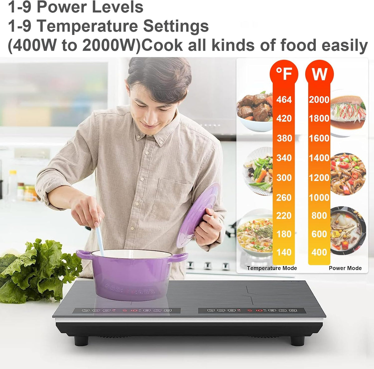 Double Induction Cooktop 110v-120v, 2 Burner Electric Cooktop 24 inch 4000W Induction Stove Top, Hot Plate LED Touch Screen, 9 Temperature, Safety Lock