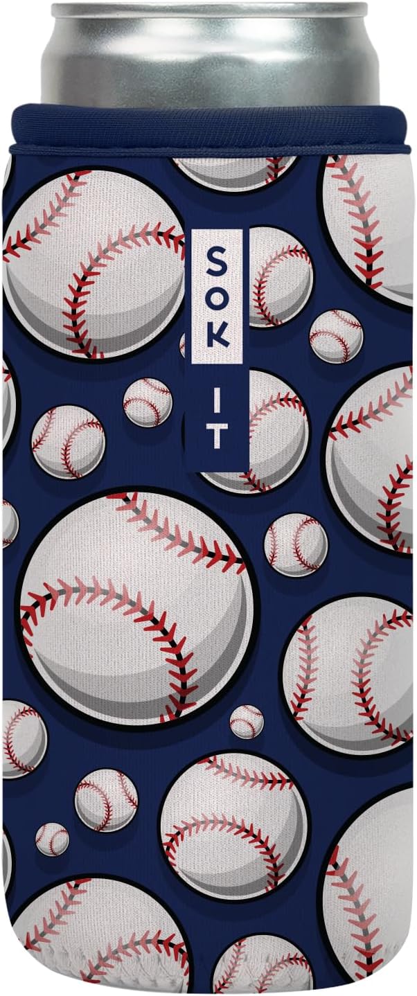 Sok It CanSok Sleeve for Beer & Soda Insulated Neoprene Cover (Baseball, 12oz Slim Can Sleeve)