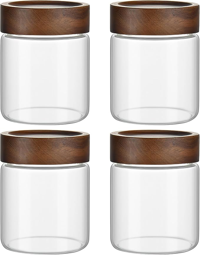 12 oz/350 ml Clear Glass Storage Canister with Airtight Wooden Lid, 4 Pack Small Overnight Oats Containers, Cute Decorative Salad Jar for Snacks Yogurt Spice Sugar Cereal Fruit Coffee Tea