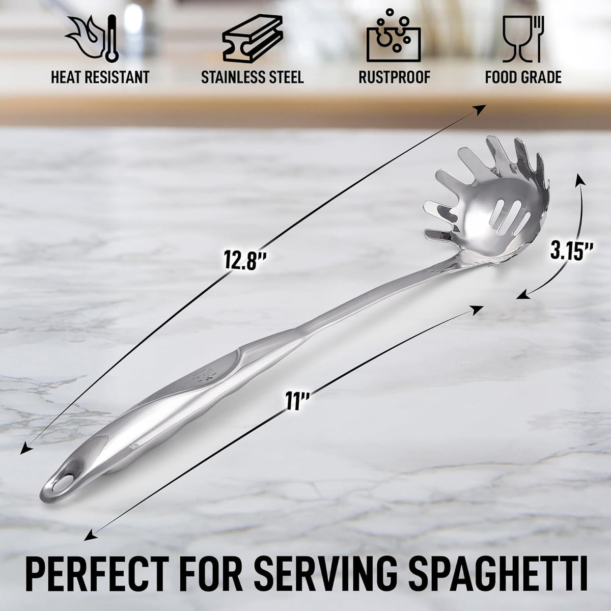 Zulay Kitchen Premium Stainless Steel Spaghetti Spoon - Pasta Spoon with Teeth - Metal Pasta Spoon - Pasta Fork Noodle Spoon - Easy to Use & Clean Pasta Utensil - 12’ Pasta Server