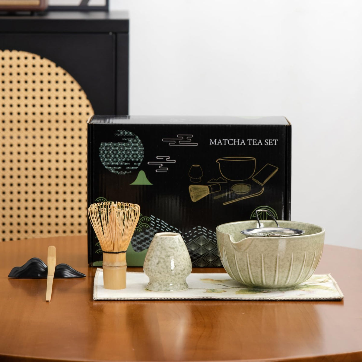 Japanese Matcha Ceremony Accessory, Matcha Whisk, Traditional Scoop (Chashaku), Tea Spoon, Whisk Holder, 1 tea bowl, 1 tea siev, The Perfect Set to Prepare a Traditional Cup of Matcha. (waitu001)