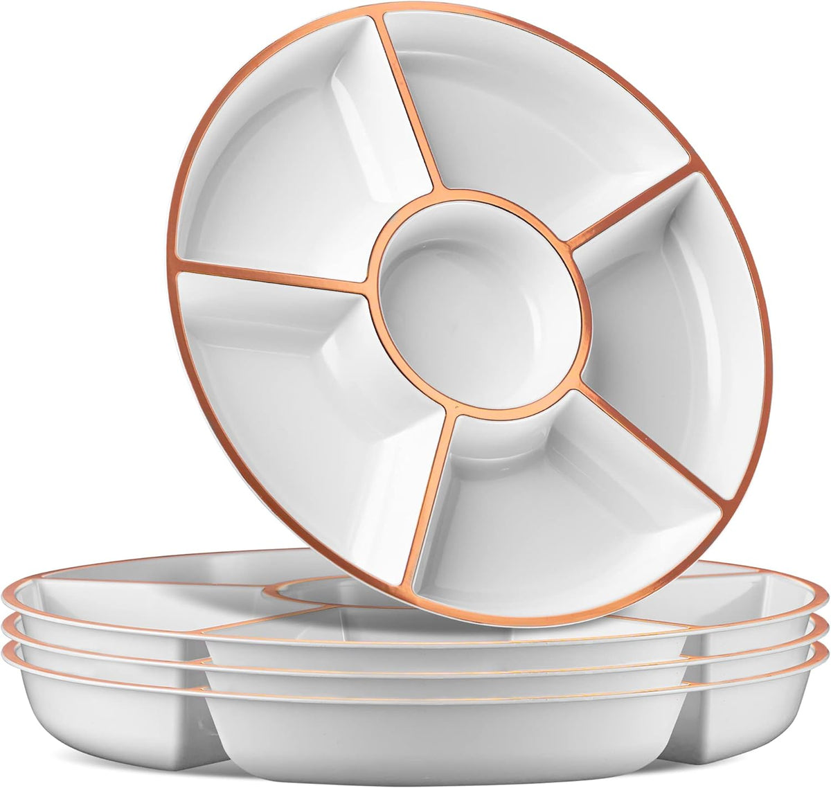 Plasticpro 6 Sectional Round Plastic Serving Tray/Platter (2, White & Rose Gold)