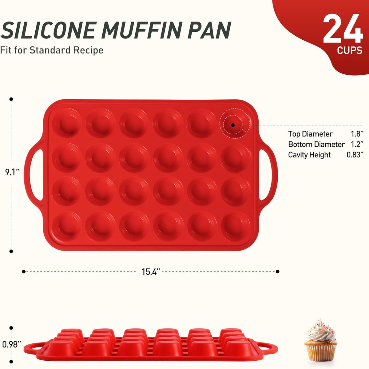 24 Cups Silicone Muffin Pan with Metal Reinforced Frame Mini Size Cupcake Pan Tray Egg Bites Silicone Circle Cookie Molds Muffin Tin Tart Pans Baking Sheet Set for Breakfast Sandwiches Round