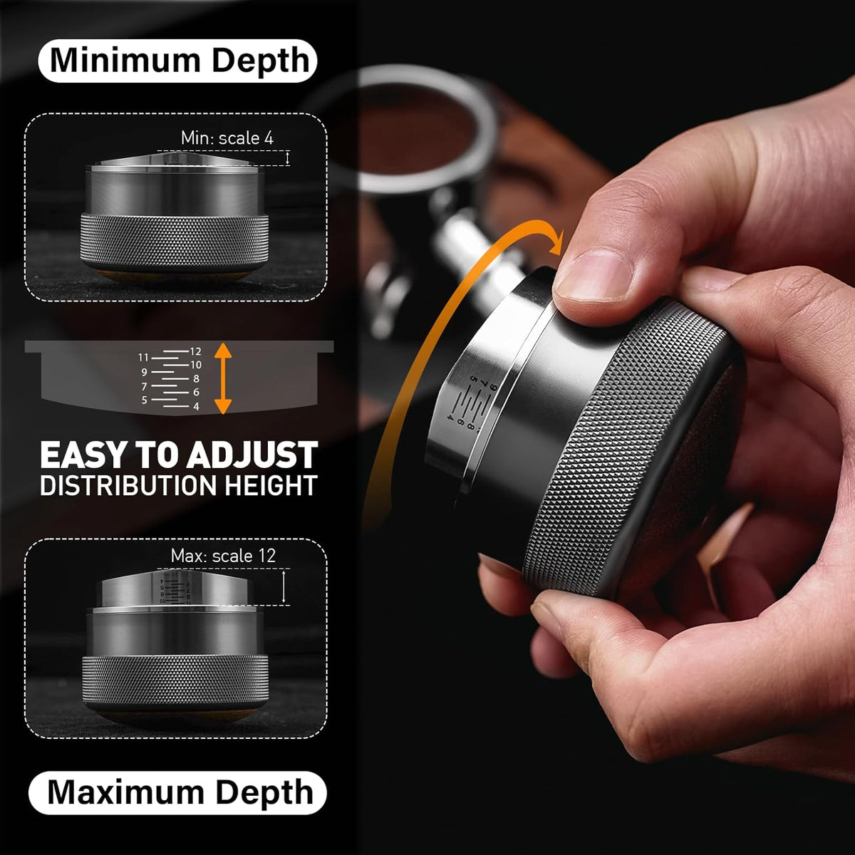 CrossCreek 58mm Espresso Distributor | Adjustable Depth Fits All 58mm Espresso Portafilter | Breville/Rancilio/La Marzocco | Stainless Steel & Walnut Distribution Tools | Espresso Machine Accessories