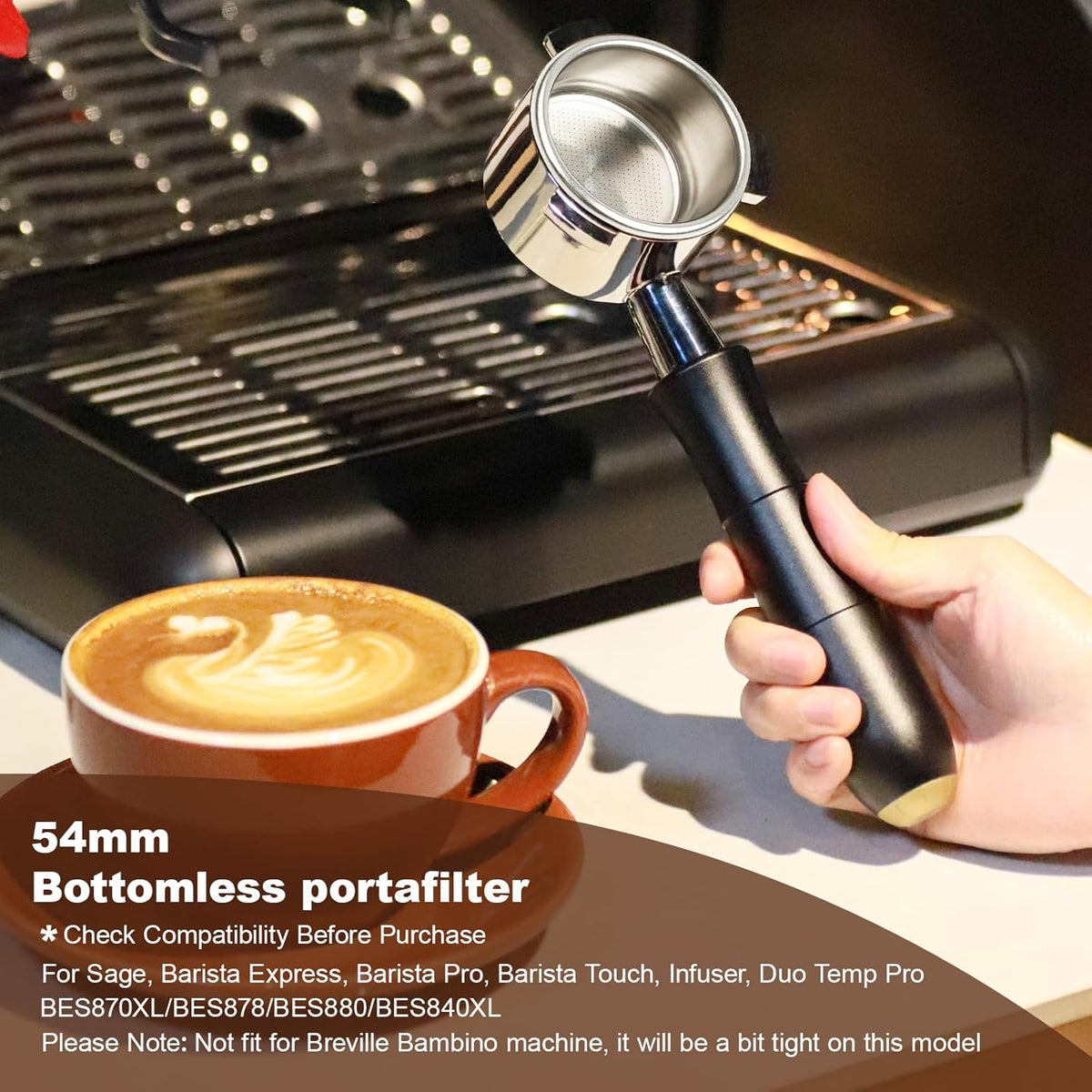 MEION 54mm Bottomless Portafilter Compatible with Breville Barista Express Machines, Sage, Barista Pro, BES870XL, BES878, BES880, Espresso Portafilter with 18g Filter Basket & Puck Screen