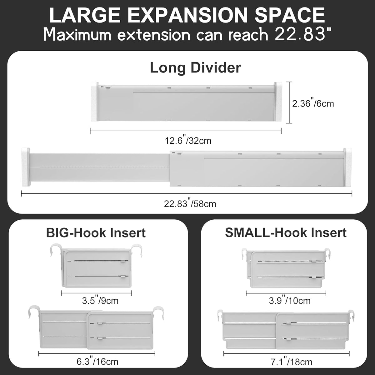 HiYZ Expandable Drawer Dividers with Inserts - Adjustable Drawer Organizers Separators for Kitchen, Bedroom, Dresser, Office, 8 Long Dividers(12.6-22.8 IN) with 16 Inserts(3.9-7.1 IN) - Gray