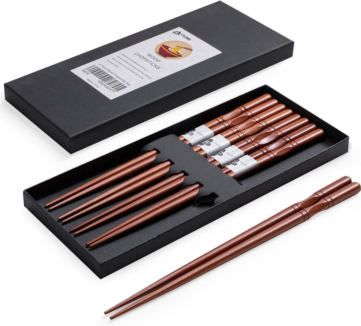 5-Pairs Japanese Chopsticks, Reusable, Non-slip Design, Natural Wood, Brown, 8.8 Inch/22.5cm, Easy to Use, Suitable for Beginners, Gift Set