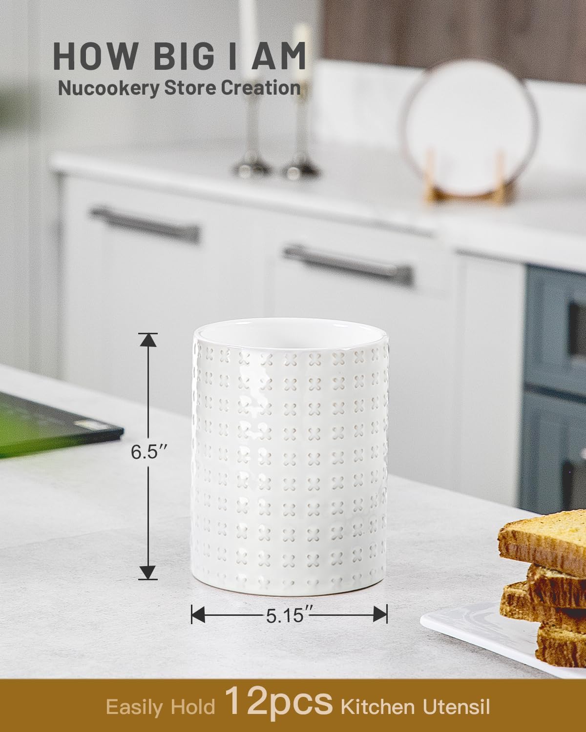 Nucookery 6.4'' Utensil Holder - Ceramic Utensil Holder for Kitchen Counter, Large Capacity Countertop Storage, Farmhouse Style Utensil Crock Organizer for Spoons, Spatulas & Cooking Tools