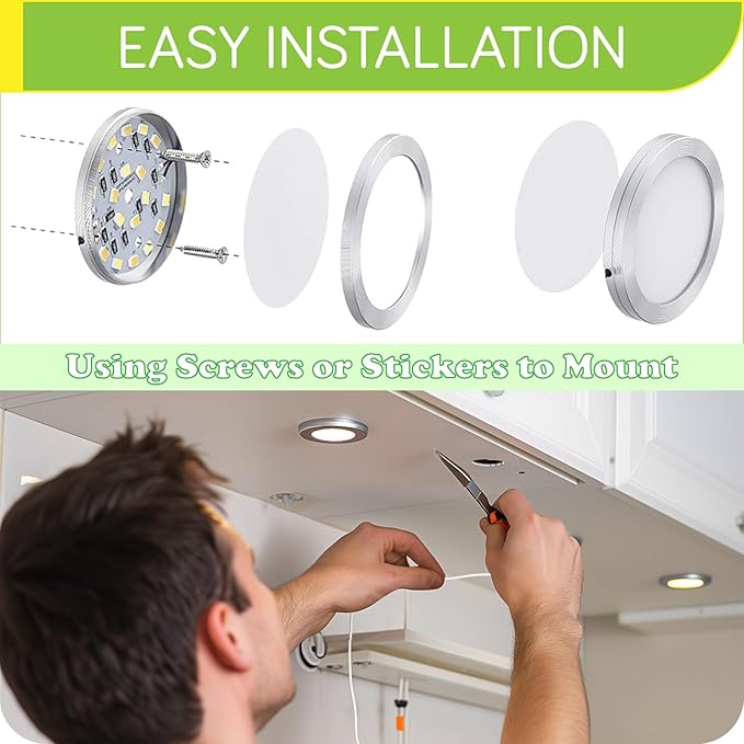 LED Puck Lights Kit for Under Cabinet Lighting, Octopus Connection, On/Off Switch, Plug in & Hardwired, 120V AC Powered to DC12V, White Cords, 16 Lights, Warm White