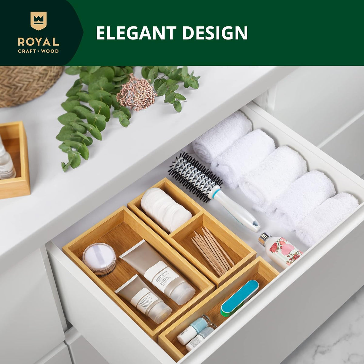 ROYAL CRAFT WOOD Luxury Bamboo Drawer Organizer Storage Box, Bin Set - Multi-Use Drawer Organizer for Kitchen, Bathroom, Office Desk, Makeup, Jewelry (3 Boxes)