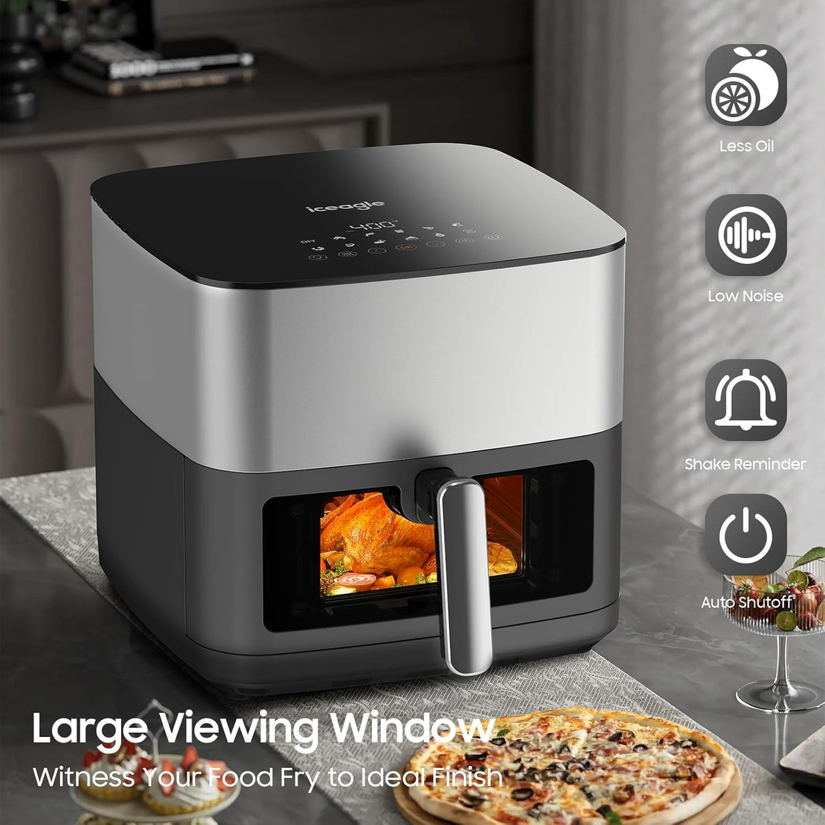 Iceagle Stainless Steel Air Fryer 9 Quart - Airfryer XXL with Large Viewing Window, Dual Heating Elements, 12-in-1 Function to Roast, Bake, Broil, Defrost, Reheat, Dishwasher-Safe Parts, 1700W, Siver