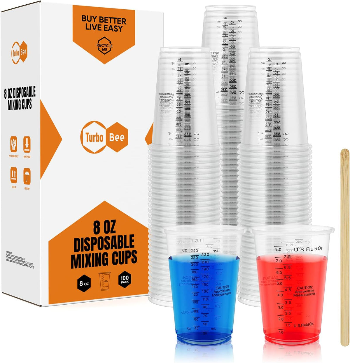 Turbo Bee Plastic Measuring Cups 8OZ,100 PACK Disposable Mixing Cups with 100 Mixing Sticks,Paint Graduated Measuring Tumblers for Epoxy Resin, Paint Mixing, Art DIY