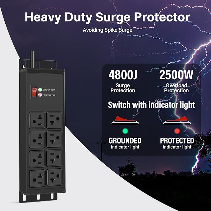 CCCEI Magnetic Heavy Duty Power Strip Surge Protector 20Amp, 12 Gauge High Amp Extension Outlets, Garage Wall Mount 8 Plug Metal Power Strip. 15FT, Black, 5-15P Adapter 6-20R T-Slot 20a for Appliance