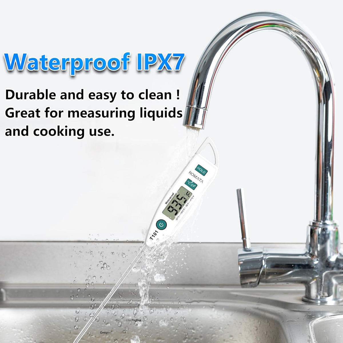 BOMATA Waterproof IPX7 Thermometer for Water, Liquid, Candle and Cooking. Instant Read Food Thermometer with Long Probe for Cooking, Meat, BBQ! T101 White