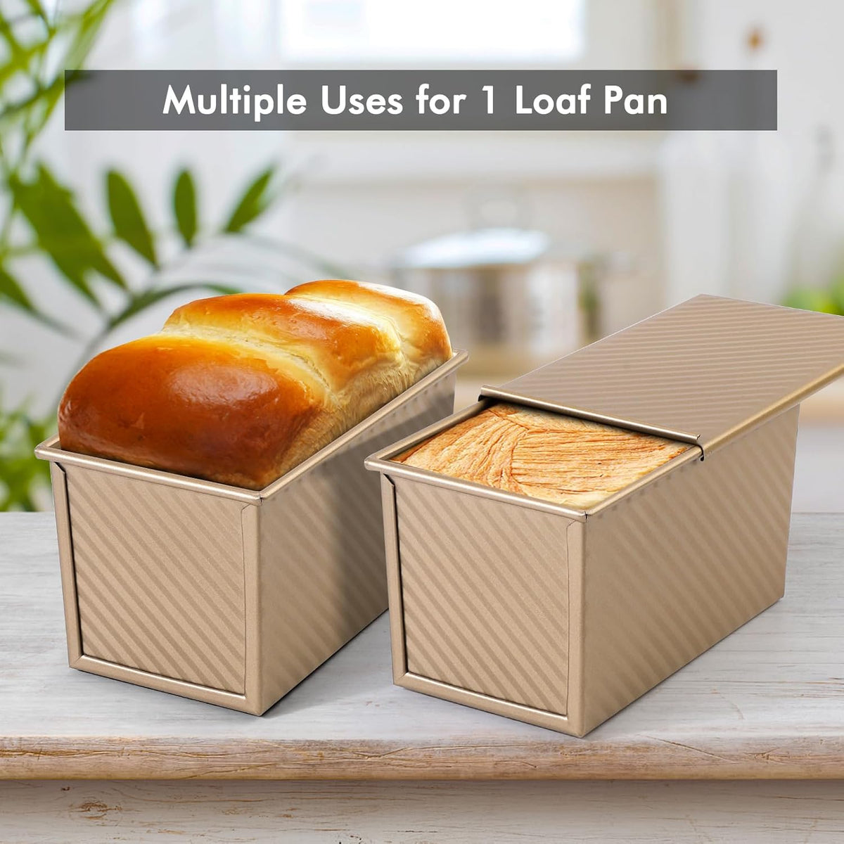 Beasea Pullman Loaf Pan 2 Pack, 1 lb Non-Stick Bread Pan with Lid Carbon Steel Gold Toast Box Mold With Cover For Bakeware Bread, Baking Tools for Oven Baking