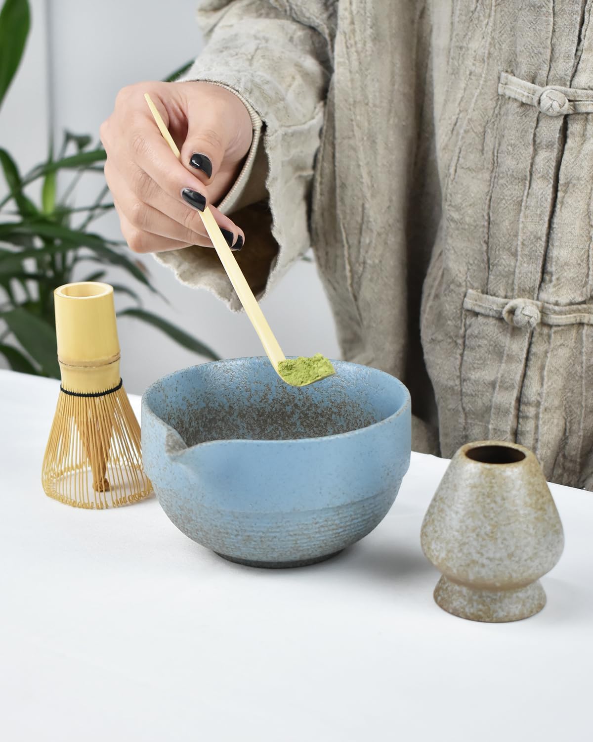 Artcome Premium Matcha Tea Set - 17oz Handcrafted Ceramic Bowl with Blue Reactive Glaze, Bamboo Whisk, Scoop, Whisk Holder & Brewing Guide - Japanese Tea Ceremony Tools for Perfect Matcha Preparation