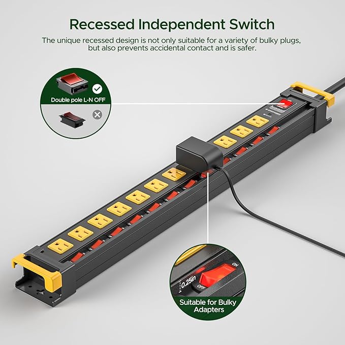 12 Outlet Long Heavy Duty Power Strip with Individual Switches,3300J Surge Protector Metal Power Strip,Wide Spaced,6Ft Cord Managment,ETL Listed(15A/1875W)