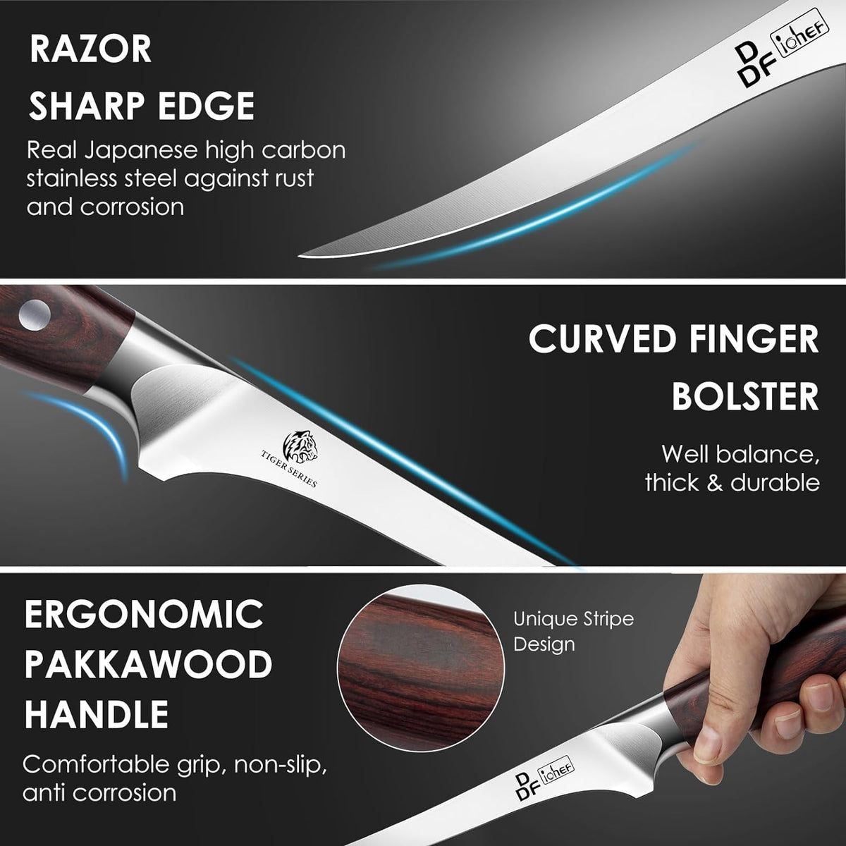 DDF iohEF Fillet Knife 7 Inch Professional Boning Knife High Carbon Japanese Stainless Steel Fish Knife with Full Tang Ergonomic Handle for Meat Cutting Trimming