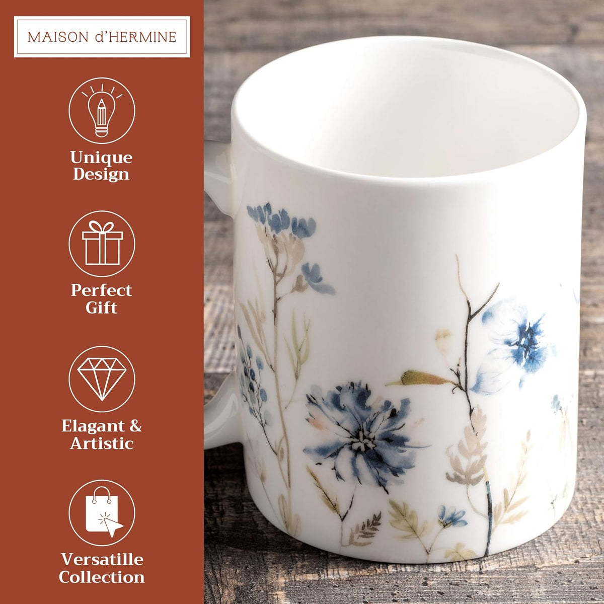 Maison d' Hermine Coffee Mug with Handles Fine Bone China Mugs Pack of One Tea Cups for Hot Beverages Cappuccino Latte Home Restaurant Office Perfect for Gift (Ice Florals - Forsty Morning, 12 Ounce)