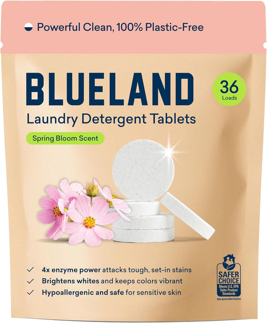 BLUELAND Laundry Detergent Tablets, 36 Count, Spring Bloom Scent, Plastic-Free Eco-Friendly Pods, Sheets, Liquid Alternative - Safe for Sensitive Skin, Gentle