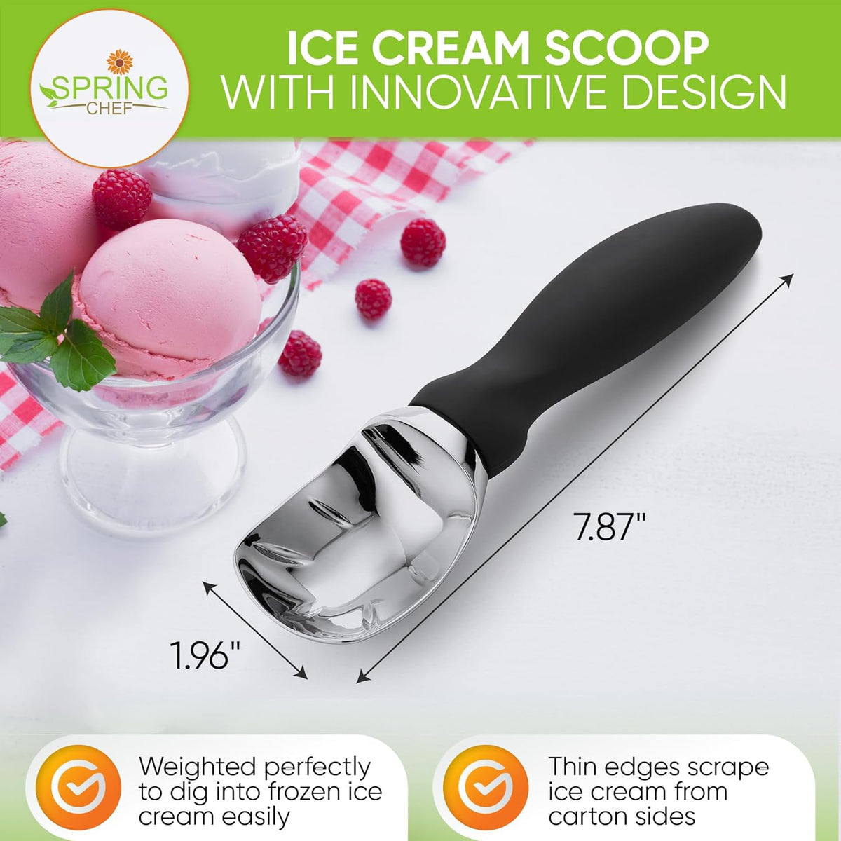 Spring Chef Ice Cream Scoop with Soft Grip Handle, Professional Heavy Duty Sturdy Scooper, Premium Kitchen Tool for Cookie Dough, Gelato, Sorbet, Black, 2 Pack