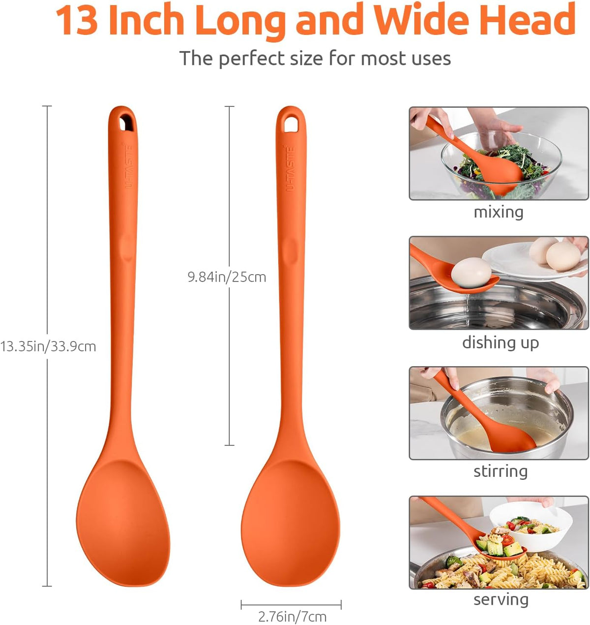 600ºF Heat Resistant Silicone Spoon: U-Taste 13.3in Solid Kitchen Cooking Spoon, Nonstick Food Grade Large & Long Soup Rubber Utensil for Mixing, Serving, Stirring, Basting, for Pot Cookware (Orange)