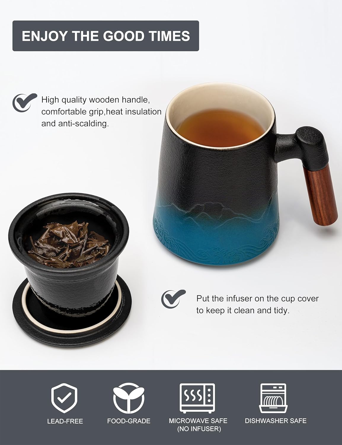 suyika Tea Cup with Infuser and Lid, 15.2 Ounce Wood Handle Ceramic Loose Leaf Mug Gradient Black&Blue 450ml